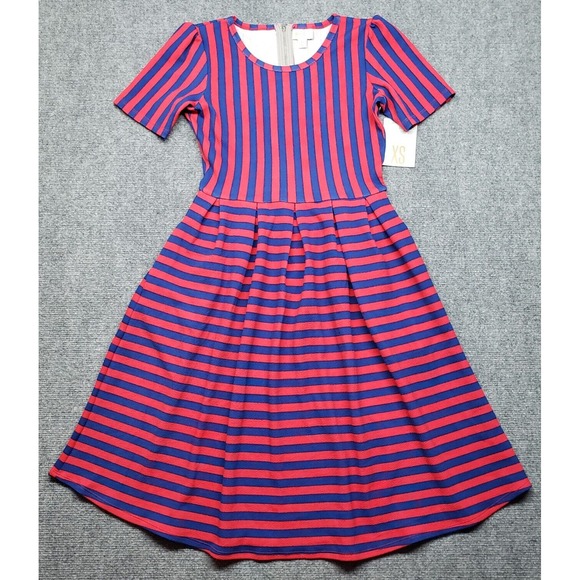 LulaRoe Amelia Dress Womens XS Red Blue Striped Round Neck Short Sleeve New - Picture 1 of 13